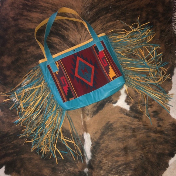 ๐ฅHP Leather & Navajo Aztec Wool Purse Long Fringe - Picture 5 of 8